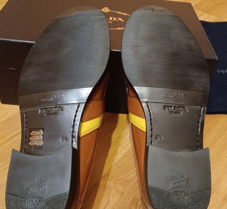 New Prada Loafers Brown Yellow Stripe Logo