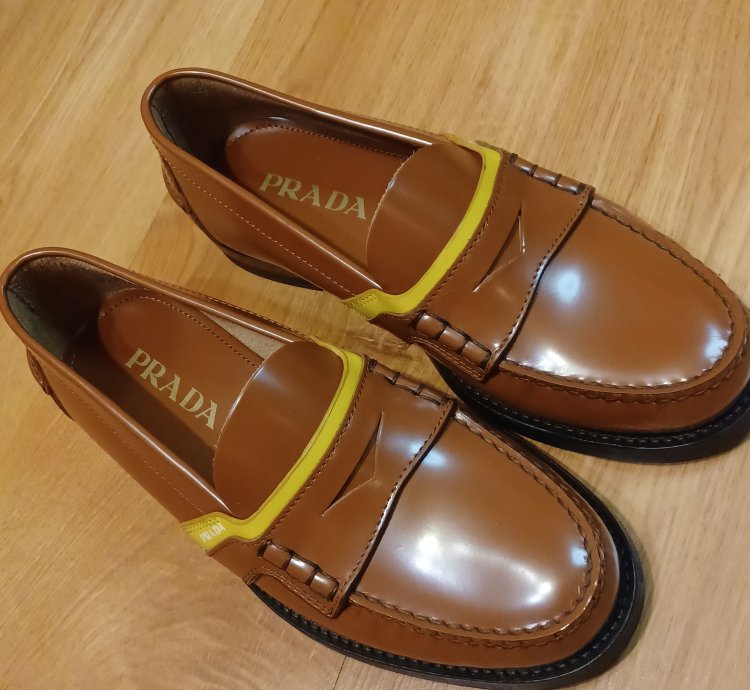 New Prada Loafers Brown Yellow Stripe Logo