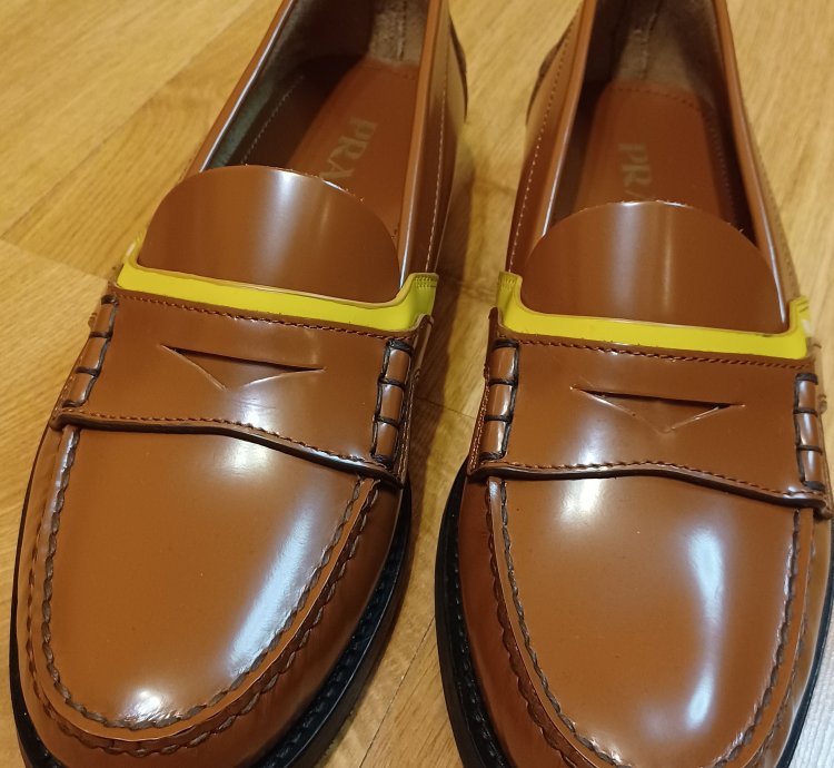 New Prada Loafers Brown Yellow Stripe Logo