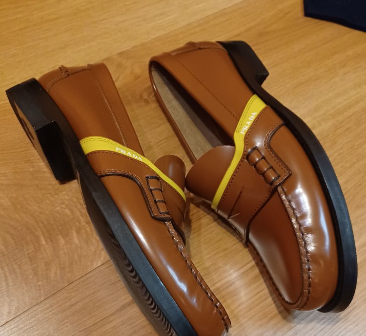 New Prada Loafers Brown Yellow Stripe Logo