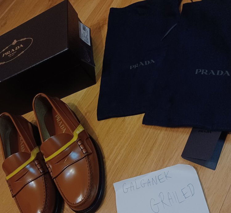 New Prada Loafers Brown Yellow Stripe Logo