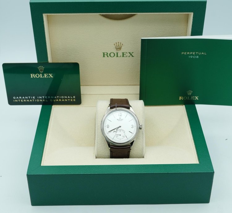 Rolex 1908 39 Mm White Dial Brown Leather Strap Complete Set 2024 Unworn 52509