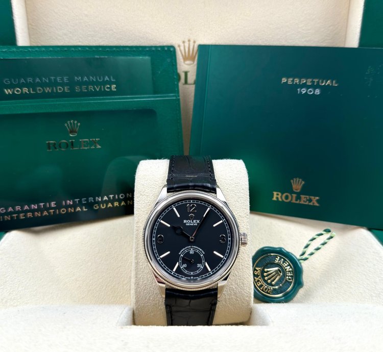 Rolex 1908 Black Dial White Gold Black Leather Strap 52509 Unworn 2023
