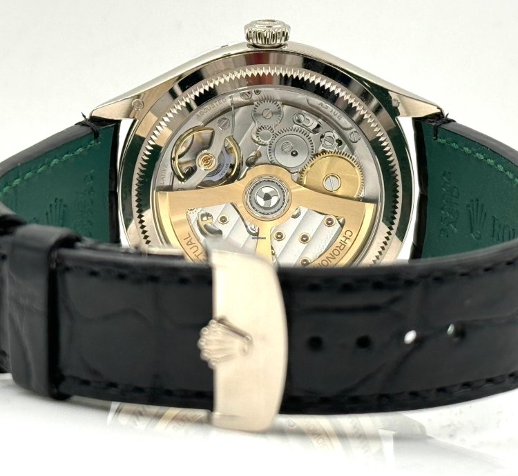 Rolex 1908 Black Dial White Gold Black Leather Strap 52509 Unworn 2023