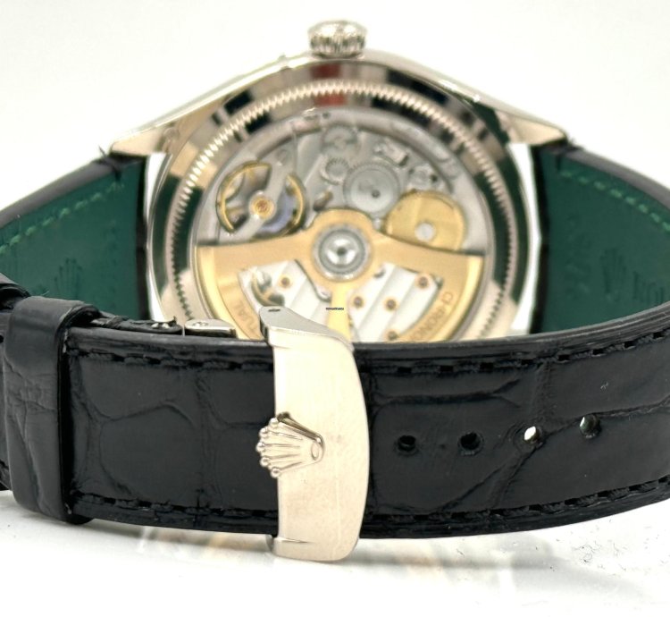 Rolex 1908 Black Dial White Gold Black Leather Strap 52509 Unworn 2023