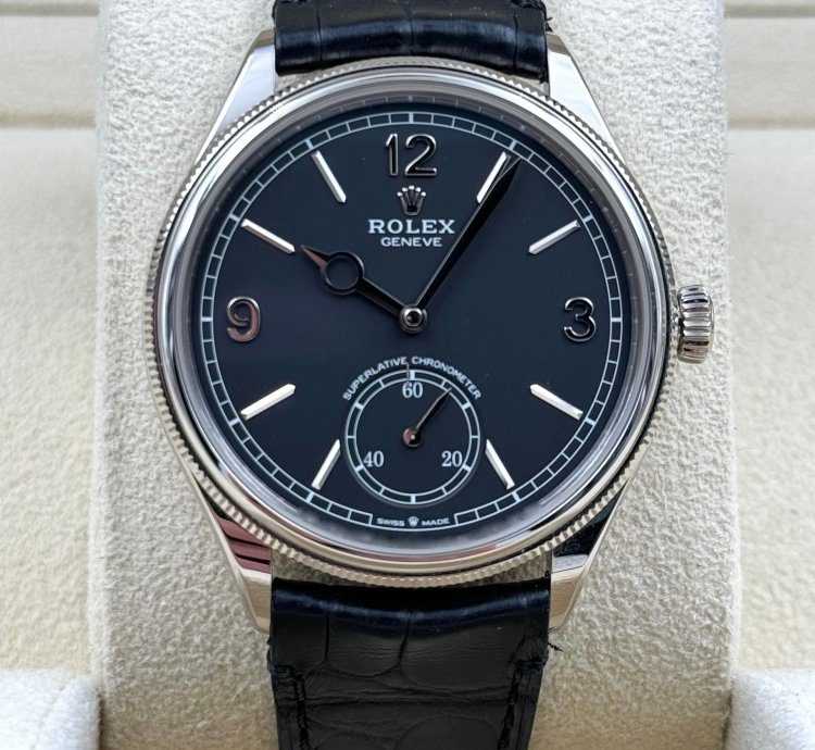 Rolex 1908 Black Dial White Gold Black Leather Strap 52509 Unworn 2023