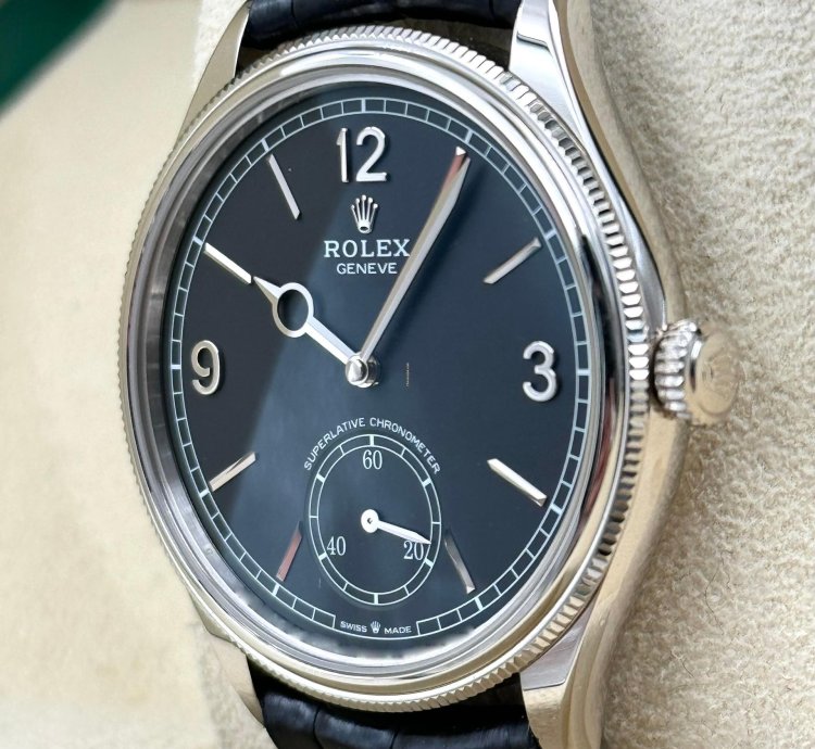 Rolex 1908 Black Dial White Gold Black Leather Strap 52509 Unworn 2023