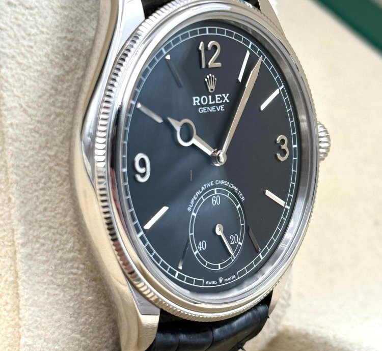 Rolex 1908 Black Dial White Gold Black Leather Strap 52509 Unworn 2023