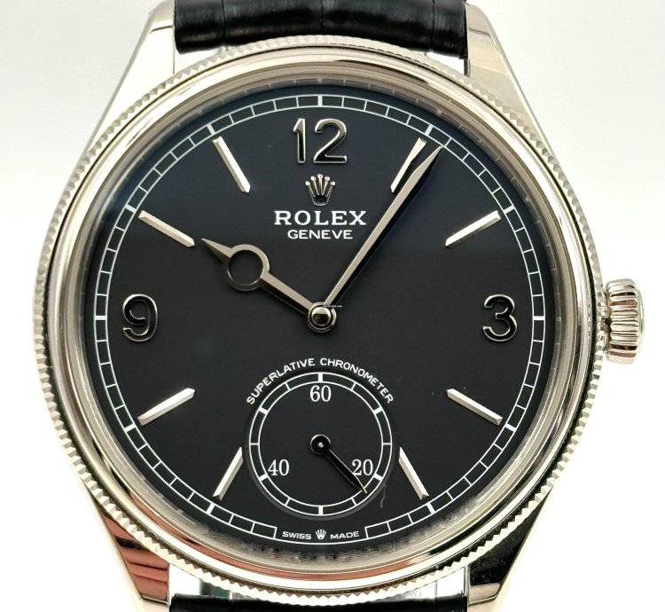 Rolex 1908 Black Dial White Gold Black Leather Strap 52509 Unworn 2023
