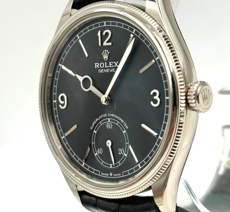 Rolex 1908 Black Dial White Gold Black Leather Strap 52509 Unworn 2023