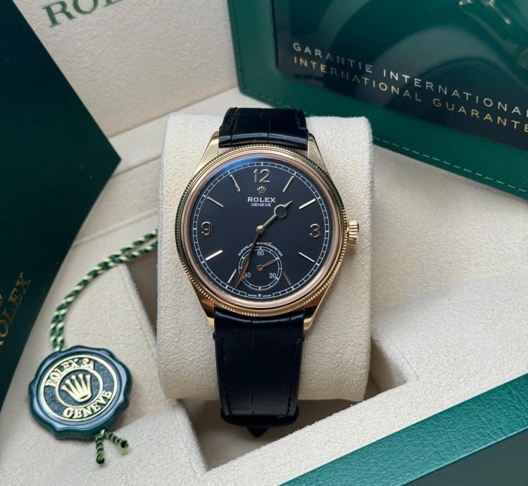 Rolex 1908 New 2024 Rolex 1908 Yellow Gold Black Dial Alligator Leather Strap Open Caseback