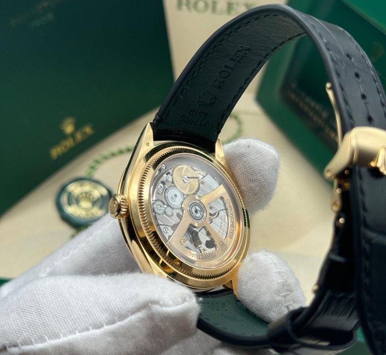 Rolex 1908 New 2024 Rolex 1908 Yellow Gold Black Dial Alligator Leather Strap Open Caseback