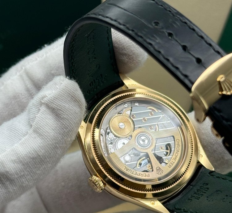 Rolex 1908 New 2024 Rolex 1908 Yellow Gold Black Dial Alligator Leather Strap Open Caseback
