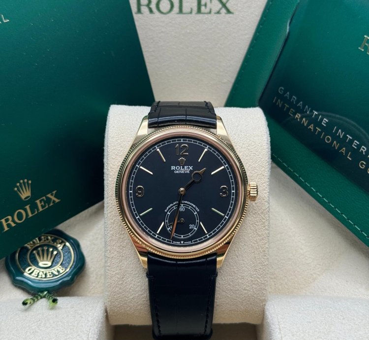 Rolex 1908 New 2024 Rolex 1908 Yellow Gold Black Dial Alligator Leather Strap Open Caseback