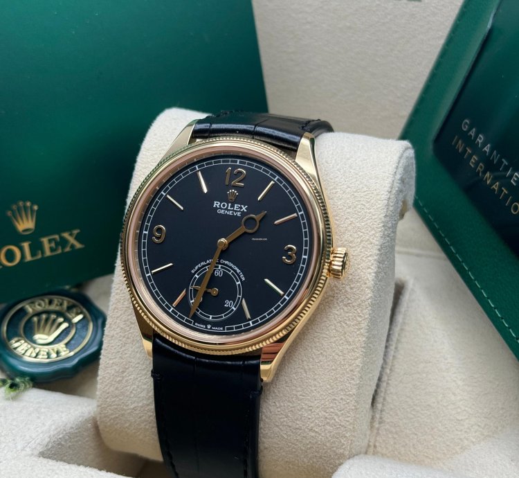 Rolex 1908 New 2024 Rolex 1908 Yellow Gold Black Dial Alligator Leather Strap Open Caseback