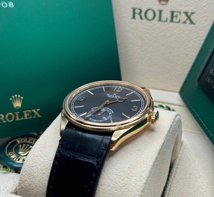 Rolex 1908 New 2024 Rolex 1908 Yellow Gold Black Dial Alligator Leather Strap Open Caseback