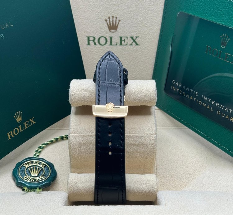 Rolex 1908 New 2024 Rolex 1908 Yellow Gold Black Dial Alligator Leather Strap Open Caseback