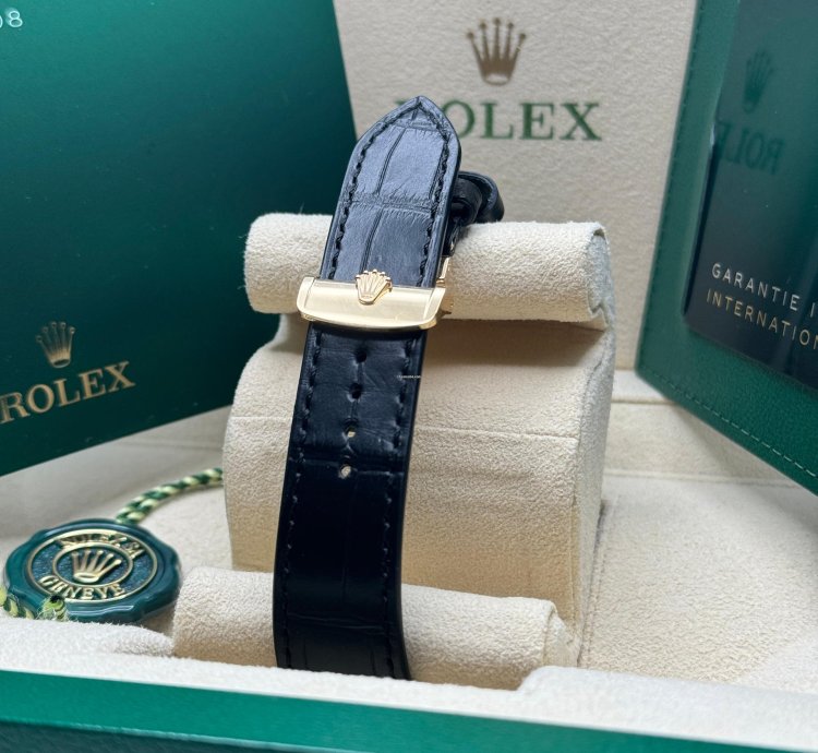 Rolex 1908 New 2024 Rolex 1908 Yellow Gold Black Dial Alligator Leather Strap Open Caseback