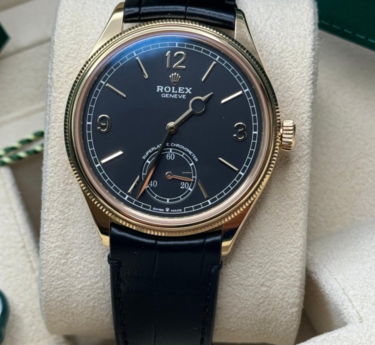Rolex 1908 New 2024 Rolex 1908 Yellow Gold Black Dial Alligator Leather Strap Open Caseback