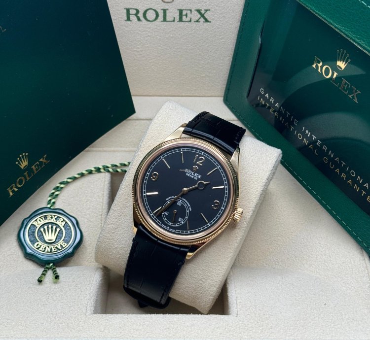 Rolex 1908 New 2024 Rolex 1908 Yellow Gold Black Dial Alligator Leather Strap Open Caseback