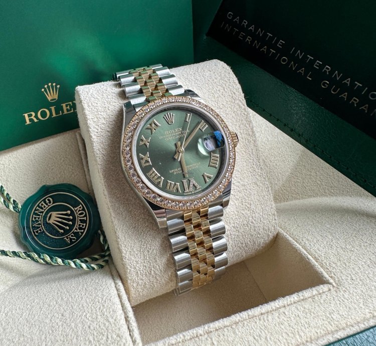 Rolex Datejust 31 2023 Two Tone Yellow Gold Green Roman Dial Diamond Bezel - Jubilee Bracelet