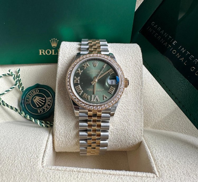 Rolex Datejust 31 2023 Two Tone Yellow Gold Green Roman Dial Diamond Bezel - Jubilee Bracelet