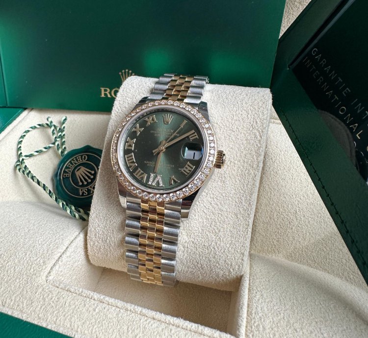 Rolex Datejust 31 2023 Two Tone Yellow Gold Green Roman Dial Diamond Bezel - Jubilee Bracelet