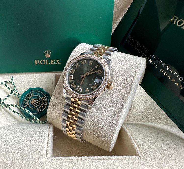 Rolex Datejust 31 2023 Two Tone Yellow Gold Green Roman Dial Diamond Bezel - Jubilee Bracelet