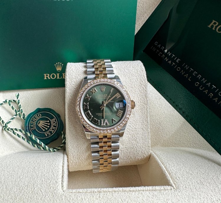 Rolex Datejust 31 2023 Two Tone Yellow Gold Green Roman Dial Diamond Bezel - Jubilee Bracelet