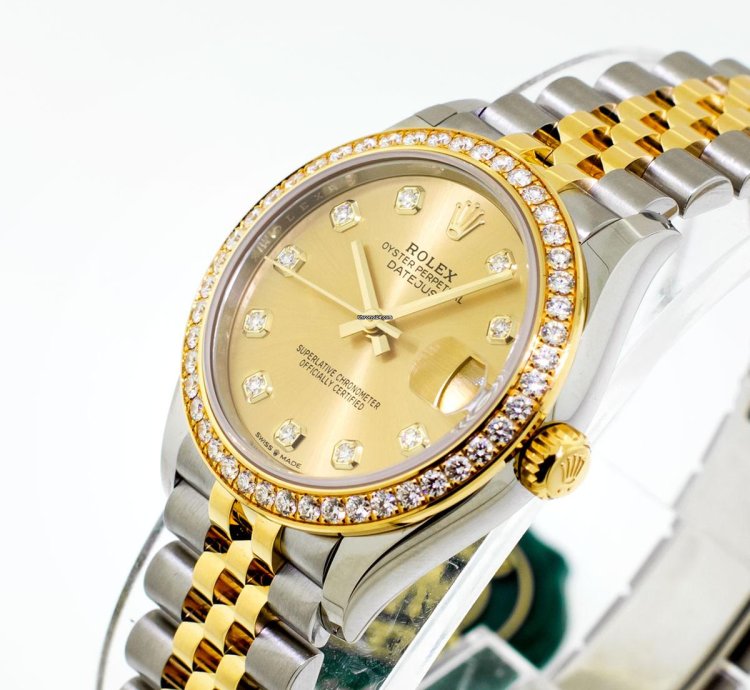 Rolex Datejust 31 31mm 18k Yellow Gold Steel Champagne Diamond Dial Diamond Bezel 278383