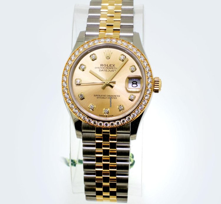 Rolex Datejust 31 31mm 18k Yellow Gold Steel Champagne Diamond Dial Diamond Bezel 278383