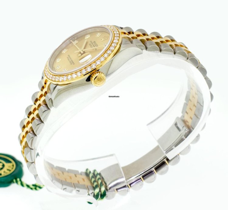 Rolex Datejust 31 31mm 18k Yellow Gold Steel Champagne Diamond Dial Diamond Bezel 278383