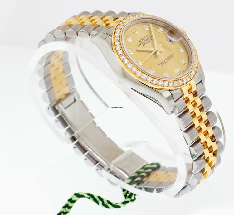 Rolex Datejust 31 31mm 18k Yellow Gold Steel Champagne Diamond Dial Diamond Bezel 278383