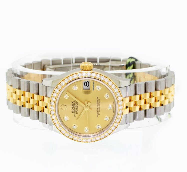 Rolex Datejust 31 31mm 18k Yellow Gold Steel Champagne Diamond Dial Diamond Bezel 278383