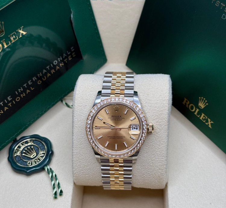 Rolex Datejust 31 Champagne Index Dial Two Tone Yellow Gold Diamond Bezel Jubilee Bracelet