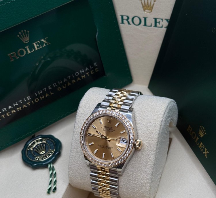 Rolex Datejust 31 Champagne Index Dial Two Tone Yellow Gold Diamond Bezel Jubilee Bracelet
