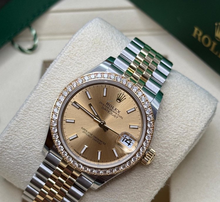 Rolex Datejust 31 Champagne Index Dial Two Tone Yellow Gold Diamond Bezel Jubilee Bracelet