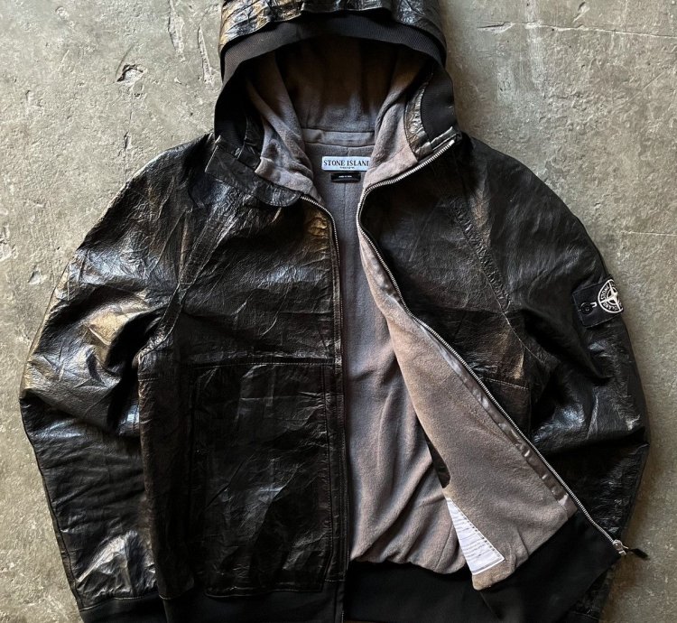 Stone Island Cast Metal Leather Hooded Jacket