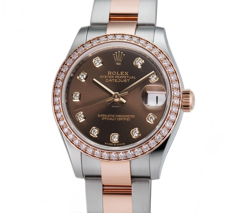Rolex Datejust 31mm Steel Everose Gold Diamond Bezel Chocolate Diamond Dial Oyster