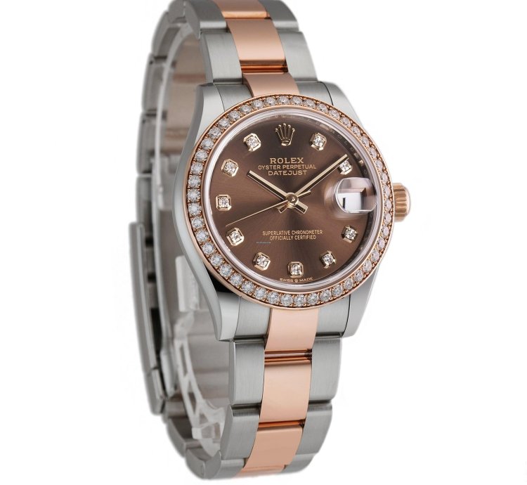 Rolex Datejust 31mm Steel Everose Gold Diamond Bezel Chocolate Diamond Dial Oyster