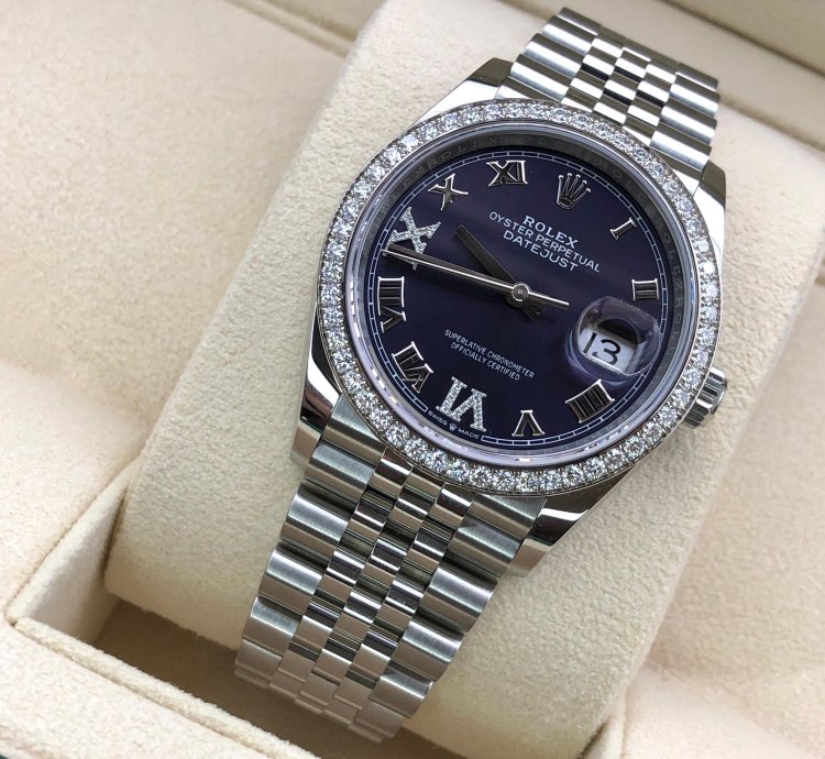 Rolex Datejust 36 36mm Purple Roman Dial Diamonds Bezel Jubilee