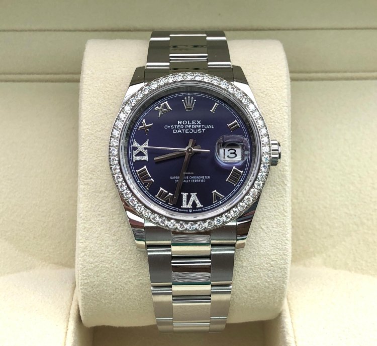 Rolex Datejust 36 36mm Purple Roman Dial Diamonds Bezel Oyster