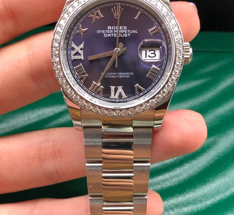 Rolex Datejust 36 36mm Purple Roman Dial Diamonds Bezel Oyster