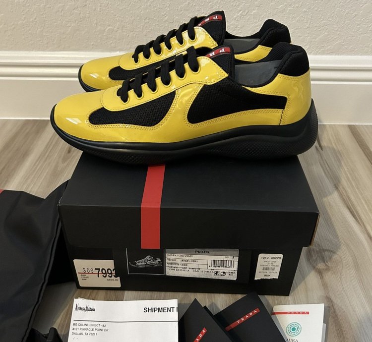 Prada America Cup Black Yellow Patent Sneakers 9uk 10us