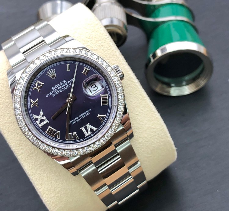 Rolex Datejust 36 36mm Purple Roman Dial Diamonds Bezel Oyster