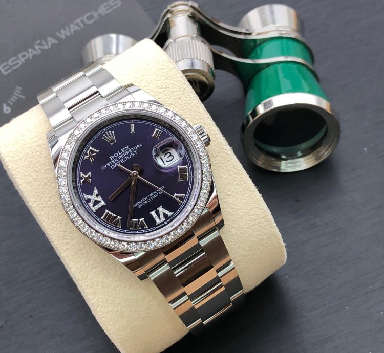 Rolex Datejust 36 36mm Purple Roman Dial Diamonds Bezel Oyster