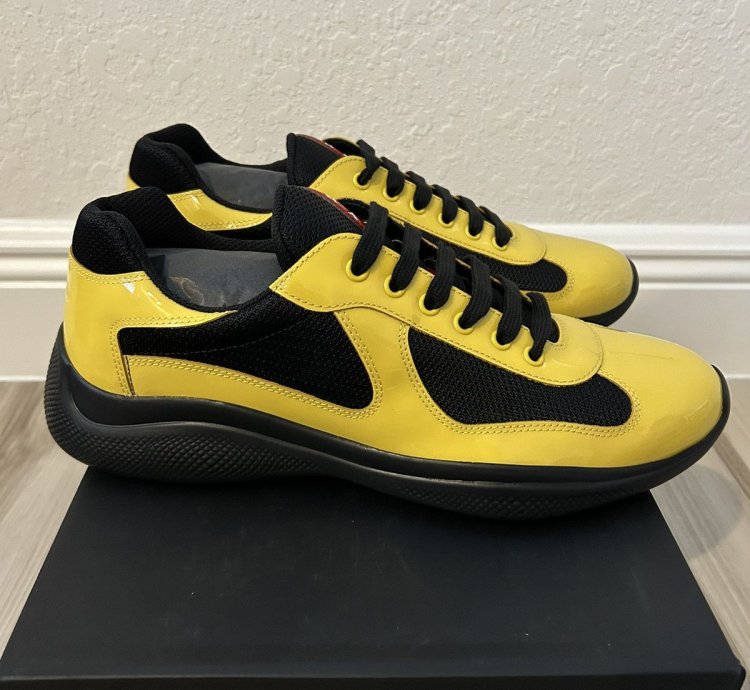 Prada America Cup Black Yellow Patent Sneakers 9uk 10us
