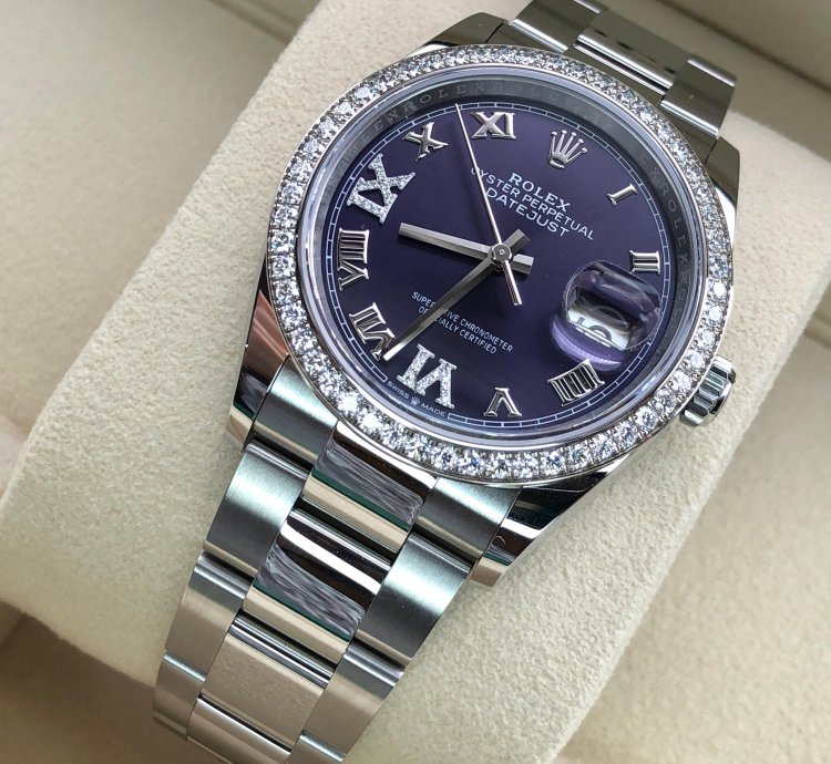 Rolex Datejust 36 36mm Purple Roman Dial Diamonds Bezel Oyster