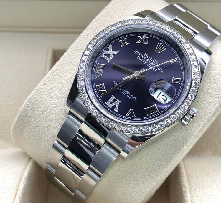 Rolex Datejust 36 36mm Purple Roman Dial Diamonds Bezel Oyster