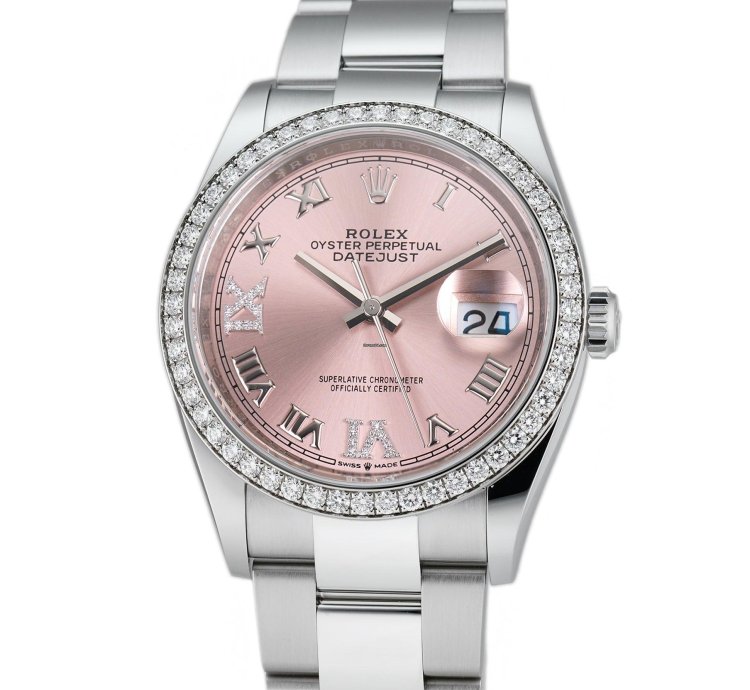 Rolex Datejust 36 36mm Steel Diamond Bezel Pink Roman Diamond Vi Ix Dial Oyster Bracelet